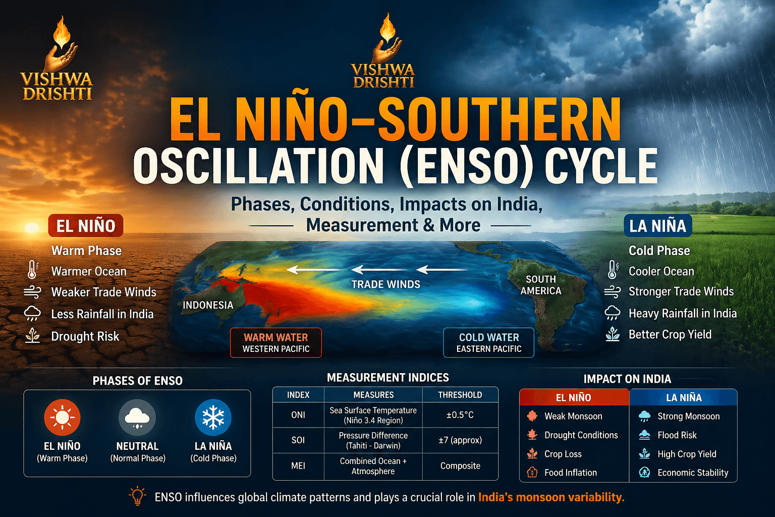 El Niño–Southern Oscillation (ENSO): Phases, Mechanism, Impacts & Measurement